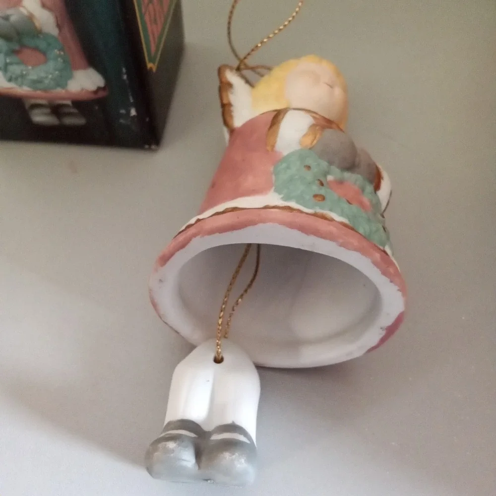 Vintage Porcelain Holiday Angel Bell Ornament Handpainted Pink Dress Wreath Box